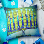 Peace Love Light Bold Blue Green Hanukkah Menorah Throw Pillow<br><div class="desc">“Peace, love & light.” A close-up photo of a bright, colourful, blue and green artsy menorah helps you usher in the holiday of Hanukkah in style. Feel the warmth and joy of the holiday season whenever you relax on this stunning, colourful Hanukkah throw pillow. Makes a striking set of four...</div>