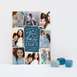 Peace, Love & Light | Hanukkah Photo Collage Holiday Card<br><div class="desc">Beautiful typography based Hanukkah photo card features eight of your favourite family photos in a collage layout. "Wishing you peace, love and light this Hanukkah and always" appears in the centre in white hand lettered typography on a dark teal background dotted with stars. Customize with your custom holiday greeting and...</div>