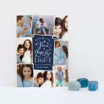 Peace, Love & Light | Hanukkah Photo Collage Holiday Card<br><div class="desc">Beautiful typography based Hanukkah photo card features eight of your favourite family photos in a collage layout. "Wishing you peace, love and light this Hanukkah and always" appears in the centre in white hand lettered typography on a navy blue background dotted with stars. Customize with your custom holiday greeting and...</div>