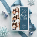 Peace, Love & Light | Hanukkah Photo Holiday Card<br><div class="desc">Beautiful typography based Hanukkah photo card features three of your favourite family photos in a square format along the left side. "Wishing you peace, love and light this Hanukkah and always" appears on the right in white hand lettered typography on a dark teal blue background dotted with stars. Customize with...</div>