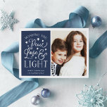 Peace, Love & Light | Hanukkah Photo Holiday Card<br><div class="desc">Modern typography based Hanukkah photo card features your favourite photo with "Peace,  Love and Light" alongside in white hand lettered style typography. Personalize with your family name,  individual names and/or your custom message.</div>