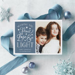 Peace, Love & Light | Hanukkah Photo Holiday Card<br><div class="desc">Modern typography based Hanukkah photo card features your favourite photo with "Peace,  Love and Light" alongside in white hand lettered style typography. Personalize with your family name,  individual names and/or your custom message.</div>