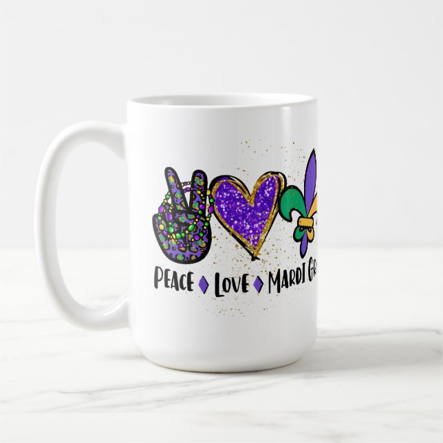 PEACE LOVE MARDI GRAS PURPLE GREEN GOLD COFFEE MUG (Left)