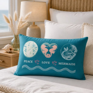 Peace Love Mermaids Artsy Teal Lumbar Pillow