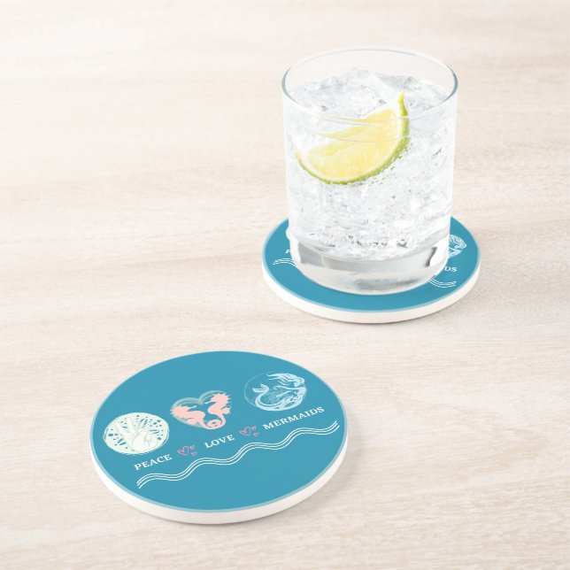 Peace Love Mermaids Artsy Teal Sandstone Coaster (Side)