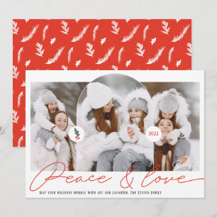 Peace love modern arch 3 photos red script holiday card