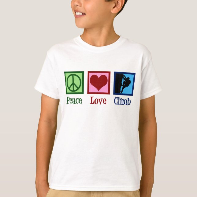 Peace Love Mountain Climbing Kids T-Shirt (Front)