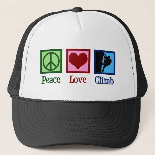 Peace Love Mountain Climbing Trucker Hat (Front)