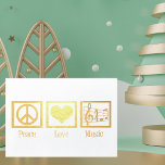 Peace Love Music Beautiful Musician Gold Foil Card<br><div class="desc">This beautiful musician Christmas card features a peace sign,  heart,  and the treble clef on a music scale in elegant gold foil. Customize the inside for your fellow musical friends. Great cards for a choir or band director,  chorale singers or other musically inclined people this holiday.</div>