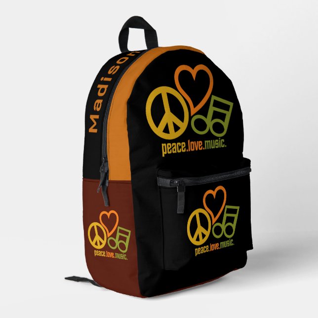 Peace Love Music custom name Printed Backpack (Back Corner Left)