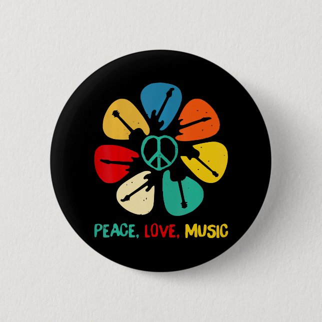 Peace Love Music Guitar Flower Rock And Roll 2 Inch Round Button (Front)