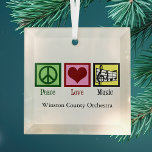 Peace Love Music Personalized Christmas Glass Ornament<br><div class="desc">Pretty personalized musician Christmas ornament featuring a peace sign,  heart,  and a treble clef and musical staff. Cool custom PEACE LOVE MUSIC gift for a composer,  music teacher,  band director or choir conductor to give to their music students.</div>