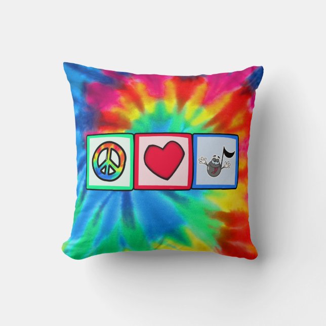 Peace, Love, Music; Tie Dye Throw Pillow (Front)