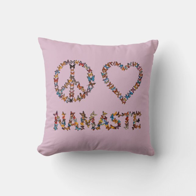 Peace Love Namaste - Pink Butterfly Art Print Throw Pillow (Front)