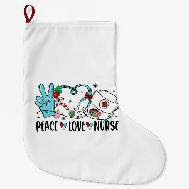 Peace Love Nurse Christmas Large Christmas Stocking (Front)