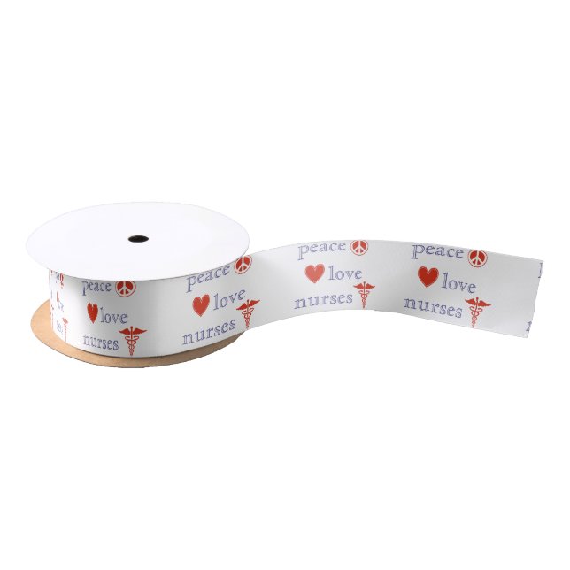 Peace Love Nurses with Red Heart and Caduceus Satin Ribbon (Spool)
