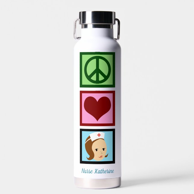 Peace Love Nursing Cute Personalized Nurse Water Bottle (Front)