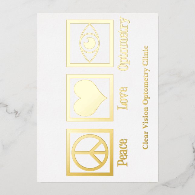 Peace Love Optometry Custom Eye Doctor Gold Foil Holiday Card (Front)