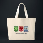 Peace Love Optometry Custom Optometrist Large Tote Bag<br><div class="desc">A cute optometrist office Christmas gift featuring a peace sign, heart, and a blue eye for a doctor of vision and eyesight. Peace Love Optometry present.</div>