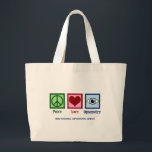 Peace Love Optometry Custom Optometrist Large Tote Bag<br><div class="desc">A cute optometrist office Christmas gift featuring a peace sign, heart, and a blue eye for a doctor of vision and eyesight. Peace Love Optometry present.</div>