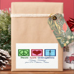 Peace Love Orthopedics Personalized Christmas Sticker<br><div class="desc">Peace Love Orthopedics Christmas gift stickers. A cute custom sticker for an orthopaedic surgeon or orthopedist who works with the musculoskeletal system and patients who need shoulder and hip surgery. A peace sign,  heart,  and a skeleton.</div>