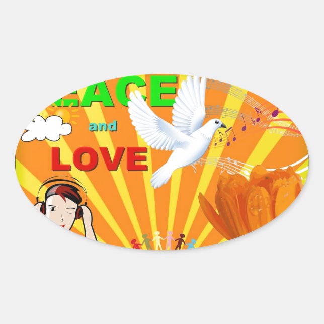 Peace & Love Oval Sticker (Front)