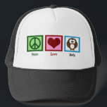 Peace Love Owls Trucker Hat<br><div class="desc">Cute gift for night owls or bird lovers featuring a peace sign,  a heart and a cartoon owl.</div>