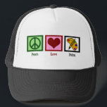 Peace Love Paint Trucker Hat<br><div class="desc">A peace sign,  a heart,  and an artist's palette of bright paint colours and paintbrush.</div>