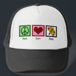 Peace Love Paint Trucker Hat<br><div class="desc">A peace sign, a heart, and an artist's palette of bright paint colours and paintbrush.</div>