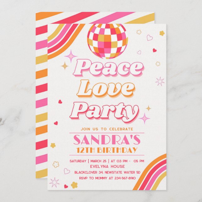 Peace Love Party Anniversaire Invitation (Devant / Derrière)