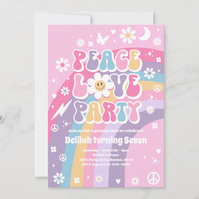 Peace Love Party Hippie Rainbow 70s Birthday Party Invitation (Front)