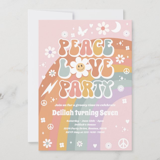 Peace Love Party Hippie Rainbow 70s Birthday Party Invitation (Front)