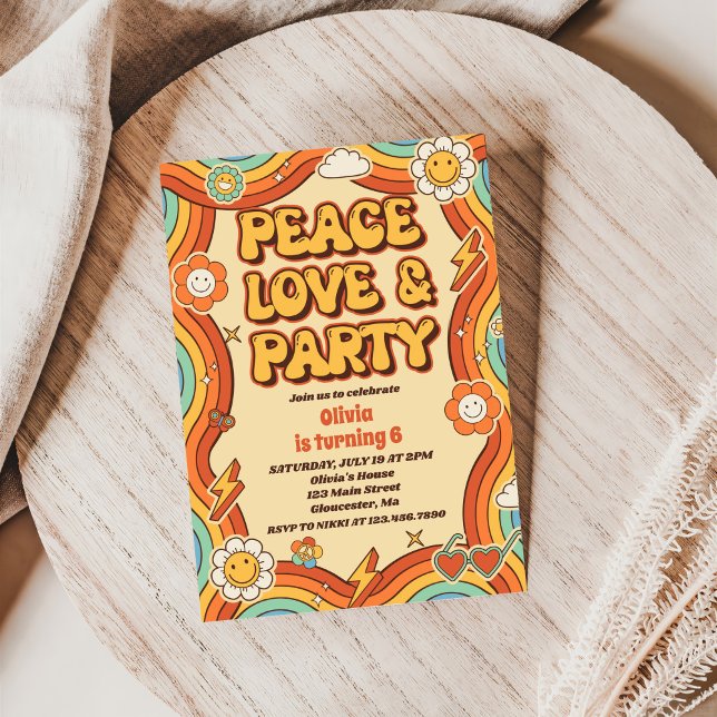 Peace Love Party Retro Rainbow 6th Birthday Invitation (Creator Uploaded)