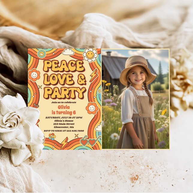 Peace Love Party Retro Rainbow 6th Birthday Photo Invitation (Creator Uploaded)