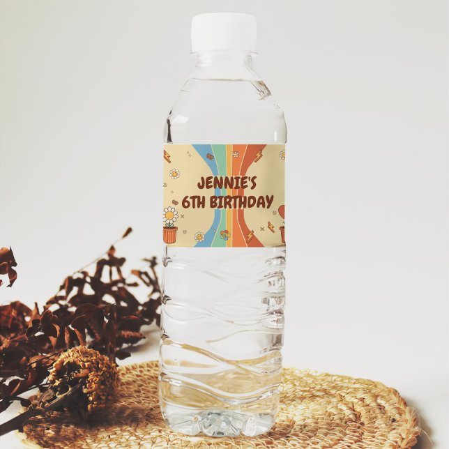 Peace Love Party Retro Rainbow 6th Birthday Water Bottle Label (Creator Uploaded)