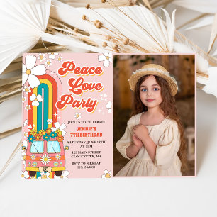 Peace Love Party Retro Rainbow 7th Birthday Photo Invitation