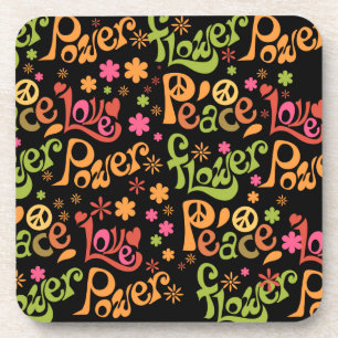 Peace Love Pattern Groovy Word Art Design Coaster