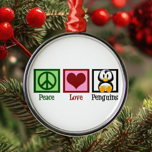 Peace Love Penguins Christmas Metal Ornament