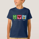 Peace Love Penguins Kids T-Shirt<br><div class="desc">A peace sign,  a heart,  and a pretty penguin on a children's black t-shirt.</div>