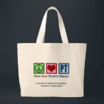 Peace Love Physical Therapy Custom PT Office Large Tote Bag<br><div class="desc">Peace Love Physical Therapy tote bag with a green peace sign,  red heart,  and the letters PT in blue for a physical therapist. Customize with your company or business name.</div>