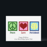 Peace Love Pickleball Cute Customizable Holiday Card<br><div class="desc">Peace Love Pickleball holiday card for a pickle ball player featuring a cute peace sign,  heart,  and a yellow ball for the sport. Personalize with your own Happy Holidays message for pretty sports club Christmas cards..</div>