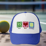 Peace Love Pickleball Trucker Hat<br><div class="desc">Peace Love Pickleball hat for a pickle ball player featuring a cute peace sign, heart, and a yellow ball for the sport.</div>