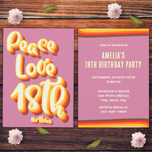 Peace Love Pink Retro Groovy Sunset 18th Birthday Invitation