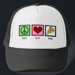 Peace Love Pizza Trucker Hat<br><div class="desc">Pizza is my favourite meal. Mmm pepperoni, mushrooms, and cheese. What's not to love?</div>