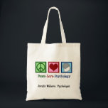 Peace Love Psychology Cute Psychologist Custom Tote Bag<br><div class="desc">Peace Love Psychology. A cute psychologist tote bag gift featuring a peace sign,  heart,  and human brain. A pretty,  personalized present for a therapist who is good at helping people through therapy.</div>