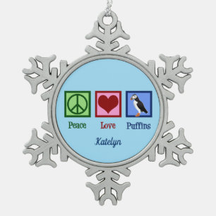 Peace Love Puffins Cute Custom Blue Puffin Snowflake Pewter Christmas Ornament