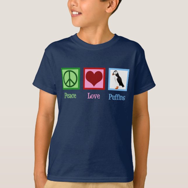 Peace Love Puffins Cute Kids T-Shirt (Front)