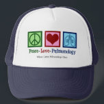 Peace Love Pulmonology Customizable Pulmonologist Trucker Hat<br><div class="desc">Peace Love Pulmonology hat. A cool pulmonologistgift for a pulmonology doctor or nurse with a peace sign,  heart,  and lungs. A great design for a pulmonary specialist who treats asthma and other respiratory issues.</div>