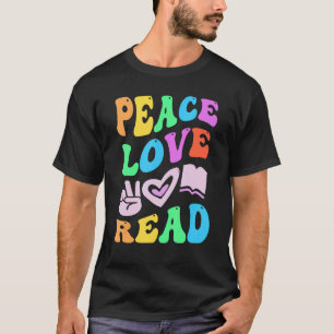 PEACE LOVE READ Retro Literacy Teacher Groovy Back T-Shirt
