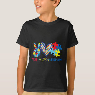 Peace Love Ribbon Autism Awareness Accept Love Und T-Shirt